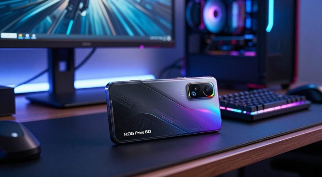 A sleek, futuristic Asus ROG Phone 6D Ultimate prominently displayed in the foreground, showcasing its angular design and vibrant RGB lighting. The phone rests on a high-tech gaming desk adorned with gaming accessories and a mechanical keyboard, enhancing the tech-savvy atmosphere. In the background, a softly blurred gaming setup featuring dual monitors, ambient LED lights, and a subtle neon glow creates an immersive gaming environment. The scene is illuminated with soft, cool lighting, casting a distinct yet inviting ambiance, while capturing the essence of high-performance gaming. A dynamic angle captures the phone's cutting-edge features while maintaining focus on its visually striking design.
