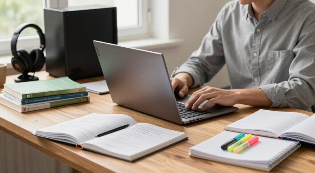 A sleek, modern Lenovo laptop sits prominently on a wooden desk, surrounded by neatly organized study materials, including textbooks and notebooks. In the foreground, open notebooks reveal handwritten notes and colorful highlight markers. The middle ground features a focused individual in professional attire, typing intently on the laptop, embodying a blend of productivity for study and work. Bright, natural lighting filters through a nearby window, creating a warm and inviting atmosphere. In the background, a gaming console and stylish headphones hint at gaming usage, subtly integrated into the workspace. The composition captures a harmonious balance between study, work, and leisure, reflecting a contemporary multitasking experience. A sleek, modern Lenovo laptop sits prominently on a wooden desk, surrounded by neatly organized study materials, including textbooks and notebooks. In the foreground, open notebooks reveal handwritten notes and colorful highlight markers. The middle ground features a focused individual in professional attire, typing intently on the laptop, embodying a blend of productivity for study and work. Bright, natural lighting filters through a nearby window, creating a warm and inviting atmosphere. In the background, a gaming console and stylish headphones hint at gaming usage, subtly integrated into the workspace. The composition captures a harmonious balance between study, work, and leisure, reflecting a contemporary multitasking experience.