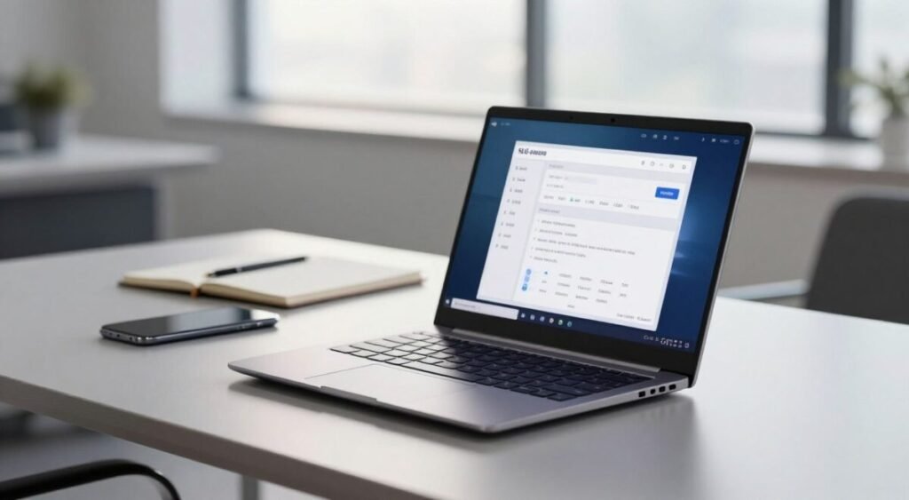 A sleek, modern Samsung notebook is showcased prominently in the foreground, resting on a stylish, minimalist desk. The laptop's display shows intricate storage specifications, emphasizing its storage capabilities. In the middle ground, there are subtle work essentials like a notepad and a smartphone to create a professional atmosphere. The background features a blurred office environment with soft, natural lighting filtering through large windows, casting gentle shadows that enhance the depth. Utilize a shallow depth of field to draw attention to the notebook while maintaining a clean composition. The mood is sophisticated and contemporary, reflecting the essence of essential characteristics in modern computing devices.