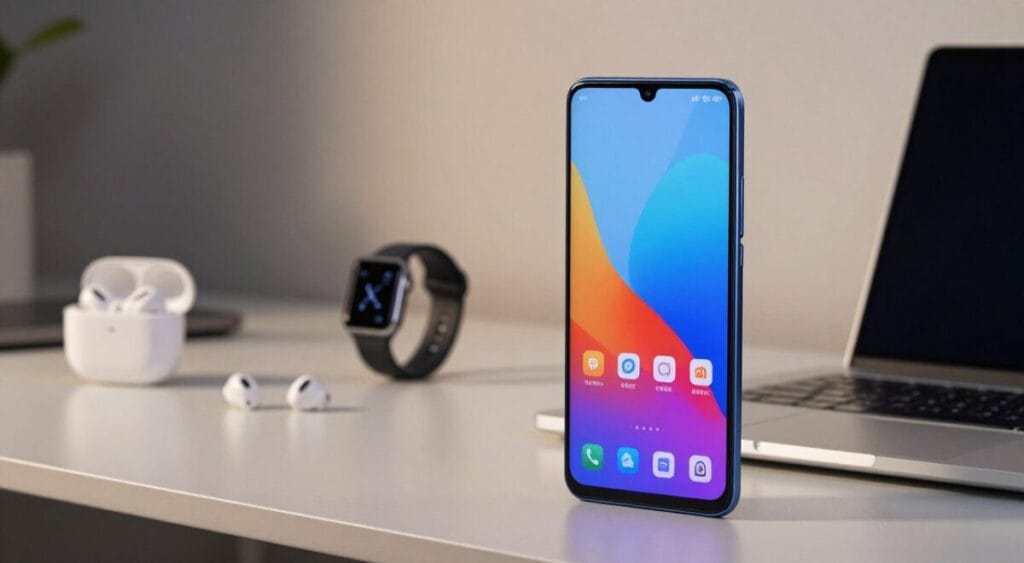 A sleek, modern Xiaomi smartphone displayed prominently in the foreground, showcasing its elegant design and glossy finish. The device should have a particularly vibrant screen displaying a high-resolution interface, reflecting the brand's cutting-edge technology. In the middle ground, subtly arranged, are a variety of Xiaomi products, such as earbuds, smartwatches, and a laptop, all highlighting the brand's diverse offerings. The background features a stylish, minimalist tech workspace with soft, ambient lighting illuminating the setup, creating a professional atmosphere. Use a slightly angled shot to emphasize depth and dimension. The overall mood should convey sophistication and innovation, appealing to tech-savvy consumers considering premium devices.