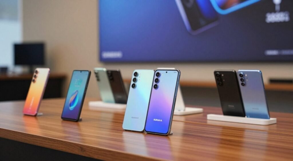 A sleek, modern arrangement of various Galaxy A smartphones displayed prominently on a polished wooden surface. In the foreground, the latest Galaxy A models in vibrant colors, showcasing their unique designs and features, with reflections captured in the surface beneath. The middle ground features a blurred gradient showing subtle hints of Samsung branding and technical specifications, enhancing the focus on the devices. The background features a softly lit, tech-inspired environment with abstract shapes, creating a futuristic atmosphere. The composition is well-balanced, creating a professional and inviting mood, emphasizing the innovation and usability of the Galaxy A series. Soft, diffused lighting highlights the smartphones, with a slight camera tilt for a dynamic perspective.