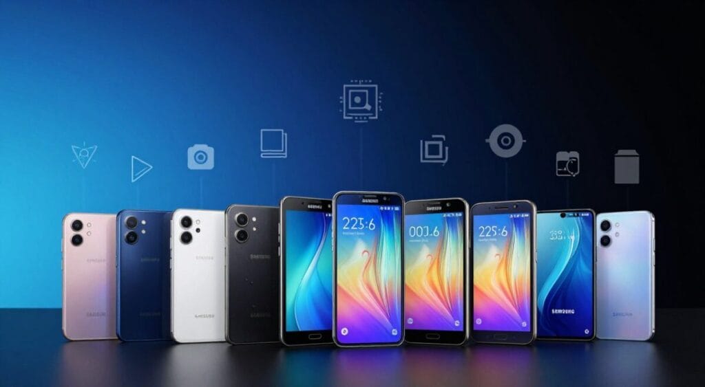 A sleek, modern collage showcasing the evolution of the Samsung Galaxy S series over the past decade. The foreground highlights iconic Galaxy S smartphones from various years, each model displaying distinct design features like curved edges, different camera arrangements, and vibrant displays. In the middle, dynamic icons and subtle design elements represent technological advancements such as improved processors and camera capabilities. The background features a smooth gradient of colors transitioning from blue to black, symbolizing innovation. Soft, ambient lighting creates a sophisticated mood, while a slightly angled view emphasizes depth. The overall atmosphere conveys a sense of progress, continuity, and cutting-edge technology, perfect for illustrating the evolution of the Galaxy S line. A sleek, modern collage showcasing the evolution of the Samsung Galaxy S series over the past decade. The foreground highlights iconic Galaxy S smartphones from various years, each model displaying distinct design features like curved edges, different camera arrangements, and vibrant displays. In the middle, dynamic icons and subtle design elements represent technological advancements such as improved processors and camera capabilities. The background features a smooth gradient of colors transitioning from blue to black, symbolizing innovation. Soft, ambient lighting creates a sophisticated mood, while a slightly angled view emphasizes depth. The overall atmosphere conveys a sense of progress, continuity, and cutting-edge technology, perfect for illustrating the evolution of the Galaxy S line.