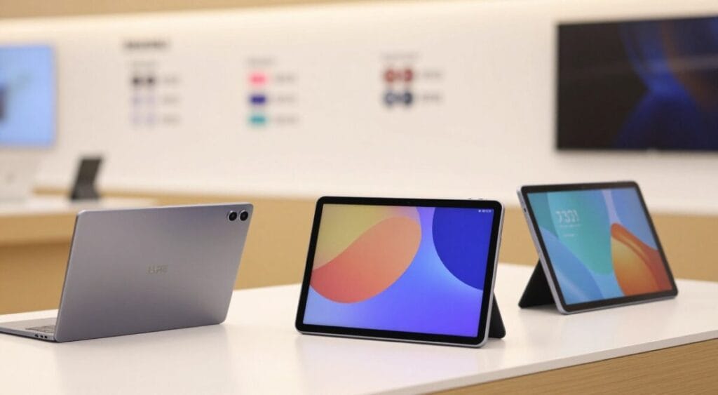 A sleek, modern comparison display of Samsung Galaxy Tab lines: S, S FE, and A. In the foreground, prominently feature the latest models of each series, showcasing their designs, color variations, and key features. The middle ground can include subtle highlights such as technical specifications illustrated in a minimalist style, enhancing their distinctive characteristics without overcrowding the composition. Set against a soft-focus, clean technological background that subtly suggests innovation and advancement. Use warm, inviting lighting to create an approachable atmosphere, ensuring the devices shine as focal points. Capture the image from a dynamic angle that emphasizes the sleekness of the tablets. Aim for a professional, polished look suited for an informative article. The overall mood should be modern and sophisticated yet accessible, perfect for tech enthusiasts.