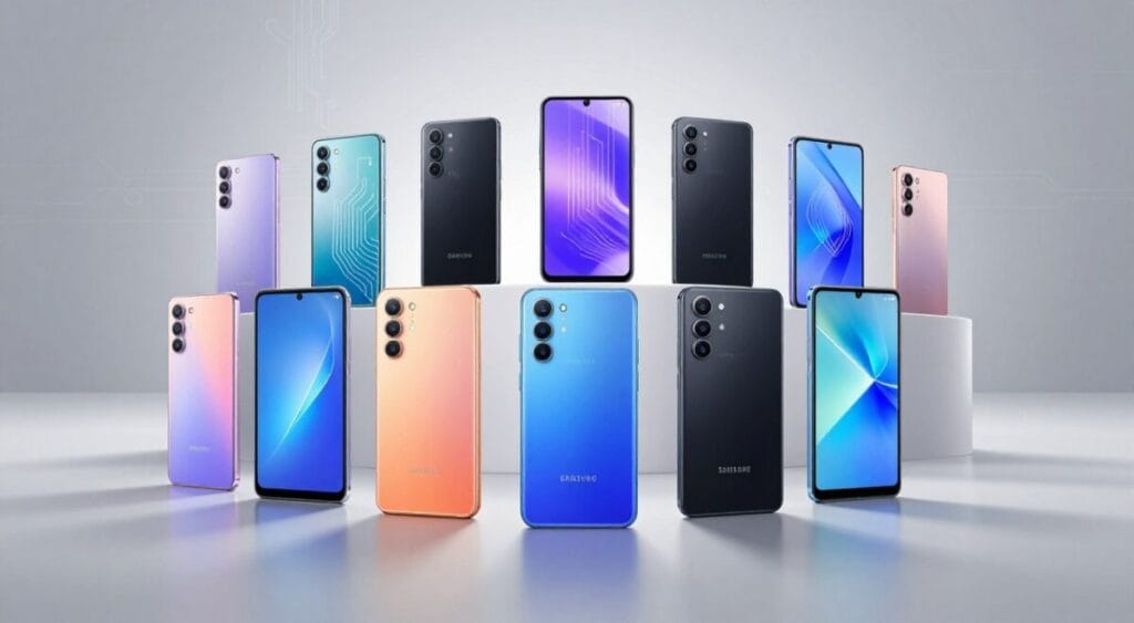 A sleek, modern depiction of the evolution of Samsung's Galaxy A line, showcasing various models from the series in an elegant arrangement. In the foreground, highlight several Galaxy A smartphones, each model reflecting its unique design features, such as vibrant colors, premium materials, and innovative screen sizes. The middle layer includes abstract representations of technological advancement, like circuits and digital patterns, subtly blending with the devices. The background features a minimalist tech-inspired setting, enhanced by soft, diffused lighting that accentuates the phones' features and casts gentle reflections. A cohesive, professional atmosphere evokes a sense of sophistication and value, ideal for conveying the essence of the Galaxy A series as a balance of premium design and cost-effectiveness.