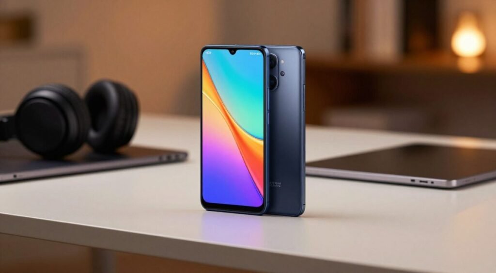 A sleek, modern smartphone prominently displayed in the foreground, showcasing its vibrant, high-resolution screen lit up with vivid colors. The device, representing the POCO X7 5G, is highlighted to emphasize its impressive specifications: "12GB RAM" and "512GB storage," embossed on the back. The middle layer features a stylish, minimalist desk setup with tech accessories like headphones and a tablet, suggesting a high-tech lifestyle. The background is softly blurred with a warm, inviting ambiance, featuring subtle bokeh lights to create a dynamic feel. The lighting is soft yet focused, illuminating the phone's details to evoke a sense of sophistication and performance, perfect for multitasking and media consumption. The overall mood is contemporary and aspirational, appealing to tech enthusiasts.