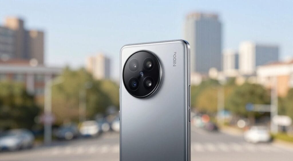 A sleek modern smartphone prominently positioned in the foreground, showcasing a high-tech camera lens with intricate details reflecting light. The back of the phone features a sophisticated design, highlighting the Xiaomi, Redmi, or Poco logo subtly. In the middle background, a softly blurred out landscape of urban scenery under bright, natural sunlight captures the essence of vibrant city life. The lighting is bright yet diffused, creating a warm and inviting atmosphere. Add a gentle bokeh effect surrounding the smartphone to emphasize its importance, while maintaining a clean, professional look devoid of any people or additional distractions. The overall mood is contemporary and focused on innovation, representing cutting-edge mobile photography technology.