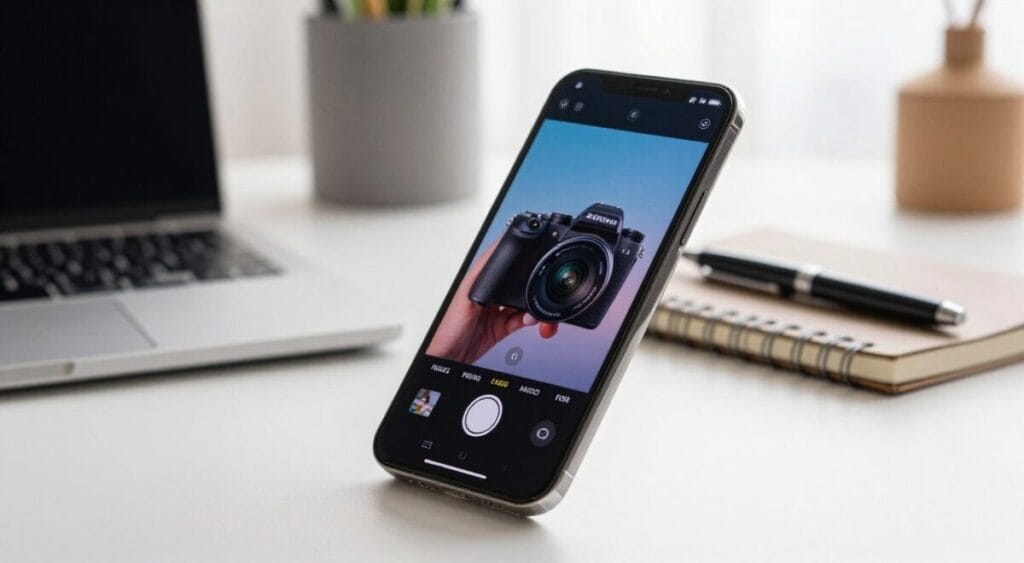 A sleek, modern smartphone with a polished metallic finish is prominently displayed in the foreground, showcasing its vibrant screen with an image of a detailed camera interface. The middle ground features an elegant desk setup, including minimalist accessories like a stylish notebook and a pen, emphasizing a professional lifestyle. In the background, a softly blurred scene of a bright and airy room with natural lighting filters in, creating an atmosphere of comfort and productivity. The composition is shot from a slightly elevated angle to highlight the phone's sleek design and user-friendly interface, inviting viewers to envision its practicality for everyday life. The overall mood is sophisticated yet accessible, perfect for guiding readers in their choice of mobile devices. A sleek, modern smartphone with a polished metallic finish is prominently displayed in the foreground, showcasing its vibrant screen with an image of a detailed camera interface. The middle ground features an elegant desk setup, including minimalist accessories like a stylish notebook and a pen, emphasizing a professional lifestyle. In the background, a softly blurred scene of a bright and airy room with natural lighting filters in, creating an atmosphere of comfort and productivity. The composition is shot from a slightly elevated angle to highlight the phone's sleek design and user-friendly interface, inviting viewers to envision its practicality for everyday life. The overall mood is sophisticated yet accessible, perfect for guiding readers in their choice of mobile devices.