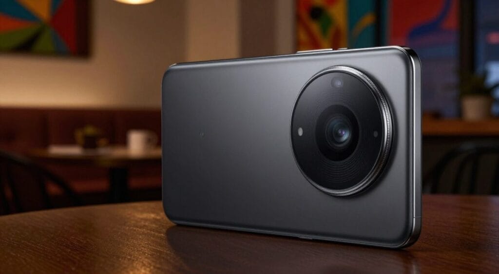 A sleek, modern smartphone with an advanced camera lens, prominently displayed in the foreground. The device should showcase a high-resolution camera setup, including multiple lenses and sensors, glistening under low ambient lighting. In the middle ground, capture a softly lit indoor environment, like a cozy living room or a stylish café, with rich textures and warm tones, indicating a perfect setting for night photography. The background should feature subtle hints of colorful artwork or decor, hinting at a vibrant atmosphere. The overall mood should exude sophistication and creativity, with gentle shadows that suggest an evening ambiance, inviting the viewer to imagine capturing stunning nighttime photos.