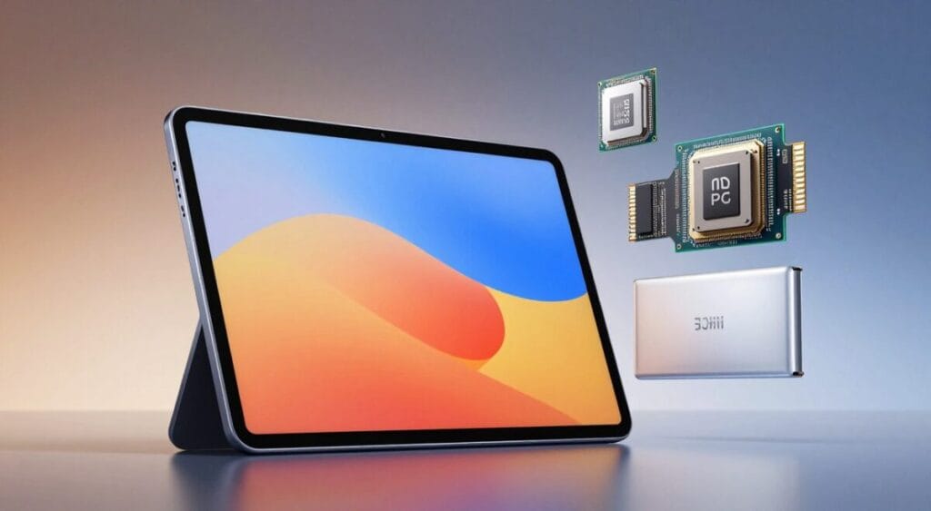A sleek, modern tablet showcasing its features, displayed prominently in the foreground. The Xiaomi Redmi Pad should be shown at a slight angle, highlighting its slim profile, vibrant screen, and elegant finish. Around the tablet, include detailed technical components like a close-up of the processor, RAM modules, and battery, rendered with high clarity. In the middle background, a subtle gradient of colors to enhance the techy feel, with soft lighting illuminating the tablet, creating a professional atmosphere. Capture the image from a low angle to emphasize its design. Avoid distractions, ensuring the focus remains solely on the tablet and its specifications, with no text or watermarks present in the scene.