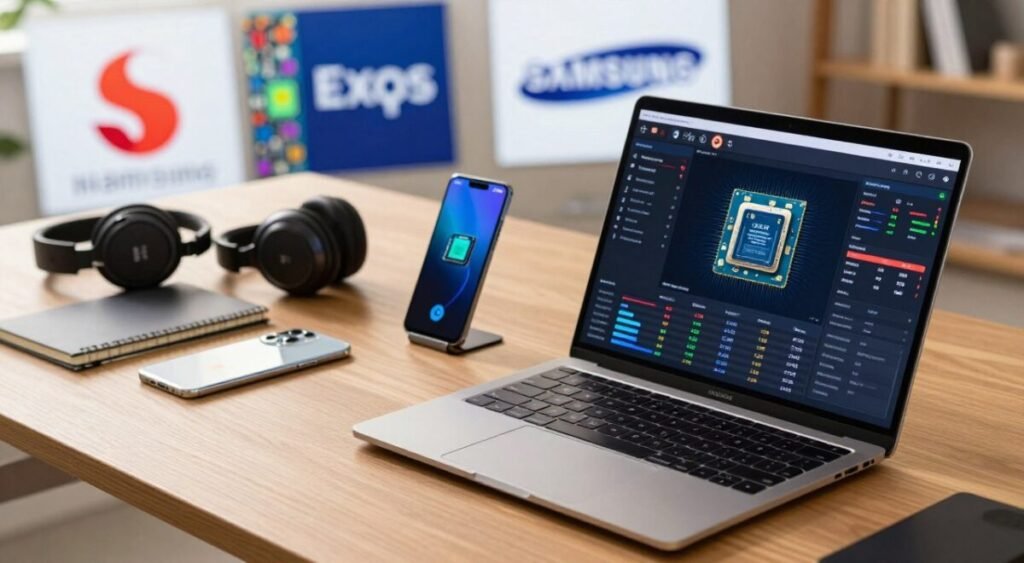 A sleek workspace scene highlighting the performance of processors with a focus on Snapdragon, Exynos, and MediaTek. In the foreground, a modern laptop with a performance monitoring application open, displaying vivid graphs and statistics on CPU performance. In the middle, a stylish desk adorned with high-tech accessories like a smartphone, headphones, and notebooks, all subtly branded to suggest a Xiaomi vs Samsung comparison. The background features blurred images of the two companies' logos and a few colorful circuit boards symbolizing technology. Warm, natural lighting illuminates the workspace, creating a professional yet inviting atmosphere. The angle is slightly tilted from above, providing an engaging perspective on the tools of technology. No text or captions present.