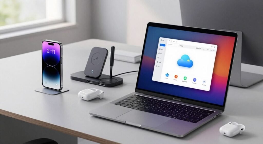 A sophisticated and modern workspace showcasing the storage and connectivity features of the iPhone 16 and 17. In the foreground, a sleek, open MacBook displays a vibrant user interface, with icons representing cloud storage and various connectivity options. To the left, a stylish iPhone 17 is prominently featured, its screen illuminated with app icons highlighting storage management. The middle ground includes a well-organized desk with wireless charging pads, USB-C hubs, and AirPods neatly placed. The background features a minimalistic office environment with soft, natural light streaming in through large windows, creating a calm and productive atmosphere. The entire scene should evoke a sense of innovation and efficiency, ideal for daily tech use.