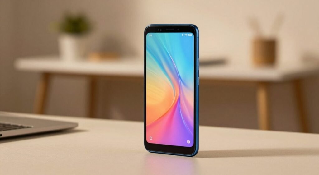 A stunning Asus Zenfone 6 smartphone displayed prominently in the foreground, showcasing its sleek design, dual-camera setup, and vibrant display. The phone is angled slightly to highlight its features, resting on a soft, textured surface that complements its modern aesthetic. In the middle ground, a subtle out-of-focus backdrop of an elegant, well-lit workspace with minimalist decor, including a stylish desk and soft lighting that creates a warm, inviting atmosphere. The lighting should emphasize the phone's glass and metal materials, casting gentle reflections. The overall mood is sophisticated yet approachable, capturing the essence of the Zenfone 6 as an affordable yet high-quality smartphone option.