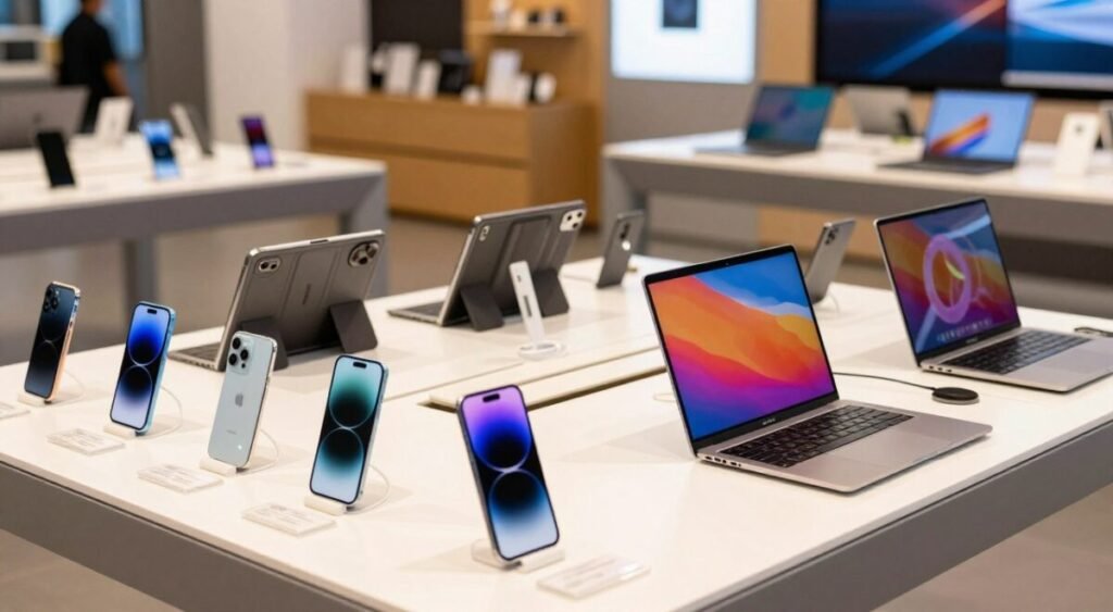 A vibrant retail display showcasing a variety of smartphones, tablets, and notebooks, arranged aesthetically on sleek modern shelves. In the foreground, there are several latest mobile devices, highlighted by soft spotlights, displaying their screens with vivid graphics. In the middle ground, stylish tablets lean at an angle with attractive cases, complemented by a few open laptops showing dynamic, colorful wallpapers. The background features a blurred store environment, evoking a bustling technological store atmosphere. The scene is illuminated with bright, warm lighting to create an inviting shopping mood. Use a wide-angle lens perspective to enhance the depth, and soften shadows for a clean, polished look. No people present, ensuring focus remains on the technology products.