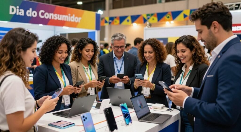 A vibrant scene capturing the essence of "Dia do Consumidor" on March 15th in Brazil. In the foreground, a diverse group of people dressed in professional attire joyfully interacting while browsing the latest technology products like smartphones, tablets, and laptops. The middle ground features a colorful display of these devices, emphasizing their sleek designs and modern features. In the background, a festive atmosphere with banners and decorations celebrating consumer week, showcasing warm lighting that creates an inviting mood. The angle is slightly elevated, providing a comprehensive view of the bustling event, highlighting excitement and engagement in technology shopping. The overall ambiance is lively and optimistic, reflecting the consumer spirit of March in Brazil.
