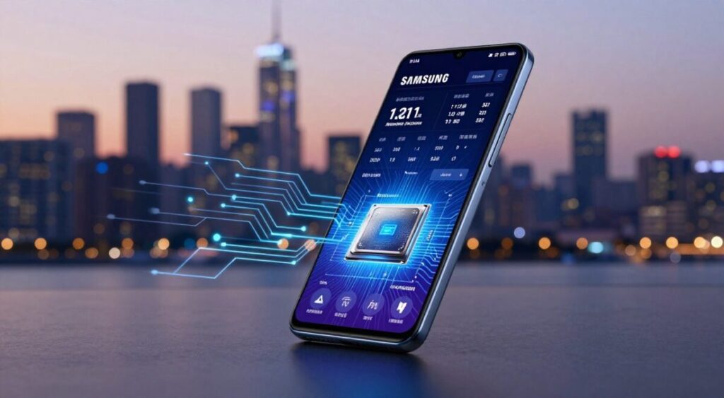 A visually engaging representation of the performance of Samsung mobile processors, featuring a sleek modern smartphone prominently displayed in the foreground. The device should be angled to showcase its vibrant screen with graphs and metrics illustrating processor performance metrics. In the middle, include abstract elements like circuit designs and data flow lines to symbolize advanced technology. The background should feature a blurred city skyline at twilight, conveying an atmosphere of innovation and progress. Use soft, dynamic lighting to highlight the smartphone's design while creating a tech-savvy ambiance. The composition should evoke a sense of reliability and cutting-edge performance without any text or logos.
