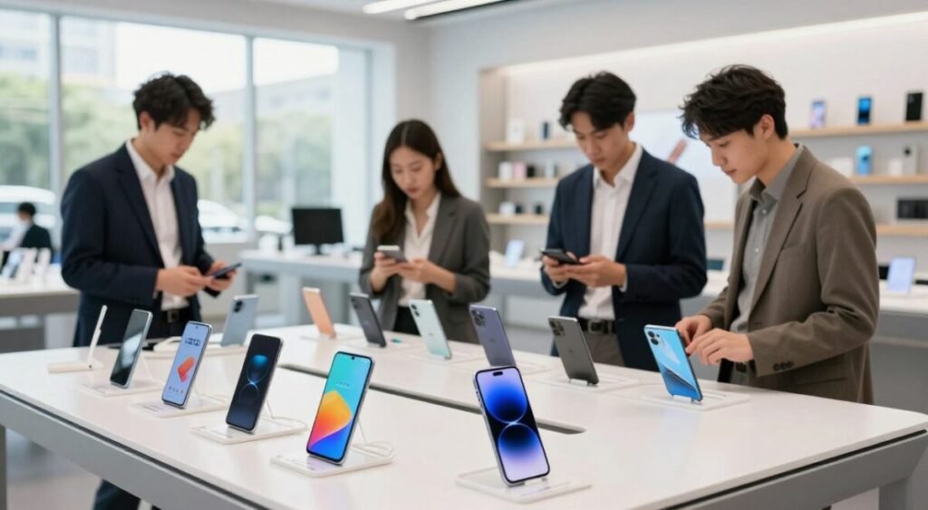 A visually striking composition featuring a diverse array of emerging smartphones showcased on a sleek, modern table in a bright, upscale tech store. In the foreground, several devices with innovative designs and vibrant screens displaying colorful, user-friendly interfaces. The middle ground includes professional-looking individuals, dressed in smart business attire, actively discussing and analyzing the features of the phones, emphasizing choice and careful consideration. The background is filled with light, reflecting a modern, tech-forward atmosphere, with soft-focus shelves lined with accessories and gadgets. Natural light streaming in through large windows creates a welcoming and engaging environment, enhancing the mood of innovation and exploration in technology.