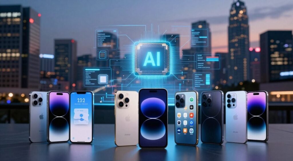 A visually striking composition highlighting the intricate world of smartphone processors and performance, focusing on flagship models from brands like Apple, Samsung, Xiaomi, and Motorola. In the foreground, an array of advanced smartphone models displayed with gleaming metallic finishes and vibrant screens showcasing AI-driven applications. The middle layer features a dynamic holographic representation of processor architecture and AI performance metrics, illuminated in a soft blue light. In the background, a modern city skyline at dusk creates a tech-savvy atmosphere, with neon accents reflecting innovation. The lighting should be dramatic, enhancing the mood of high-tech sophistication. Use a shallow depth of field to draw attention to the smartphones and their features while keeping the background blurred but recognizable.