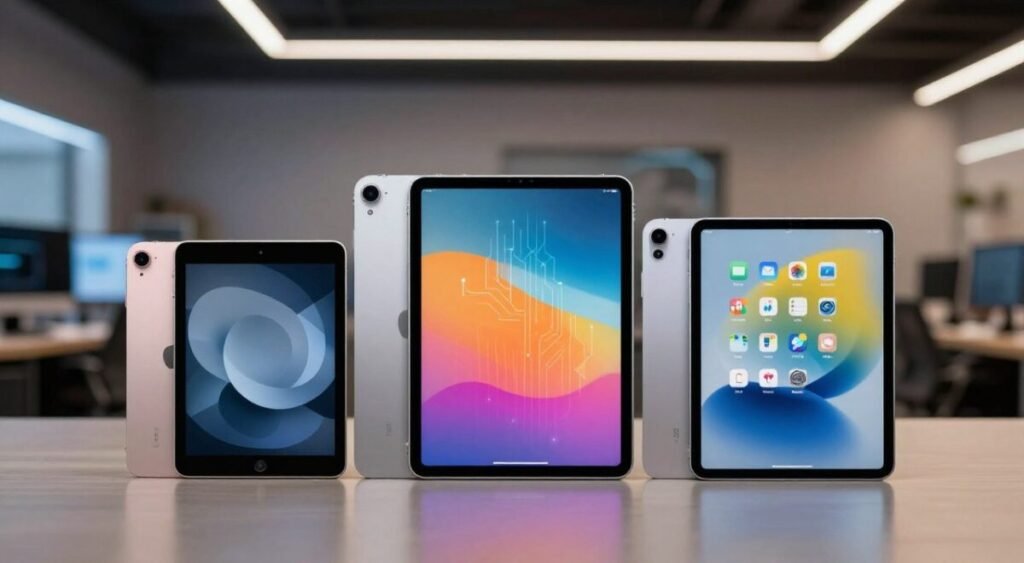 A visually stunning representation of the evolution of the basic iPad line, showcasing the iPad 9, 10, and 11 generations in a sleek, modern design. In the foreground, display the three iPads side by side, each with distinct color variations, highlighting their design changes. The middle layer features subtle tech-inspired elements, like circuit patterns or glowing lines, emphasizing innovation. In the background, a blurred tech workspace with soft, ambient lighting creates a harmonious, professional atmosphere. Capture the scene using a wide-angle lens to provide depth and a slightly elevated perspective, allowing viewers to appreciate the progression of design. The overall mood should be informative and engaging, showcasing technological advancement in a sophisticated manner.