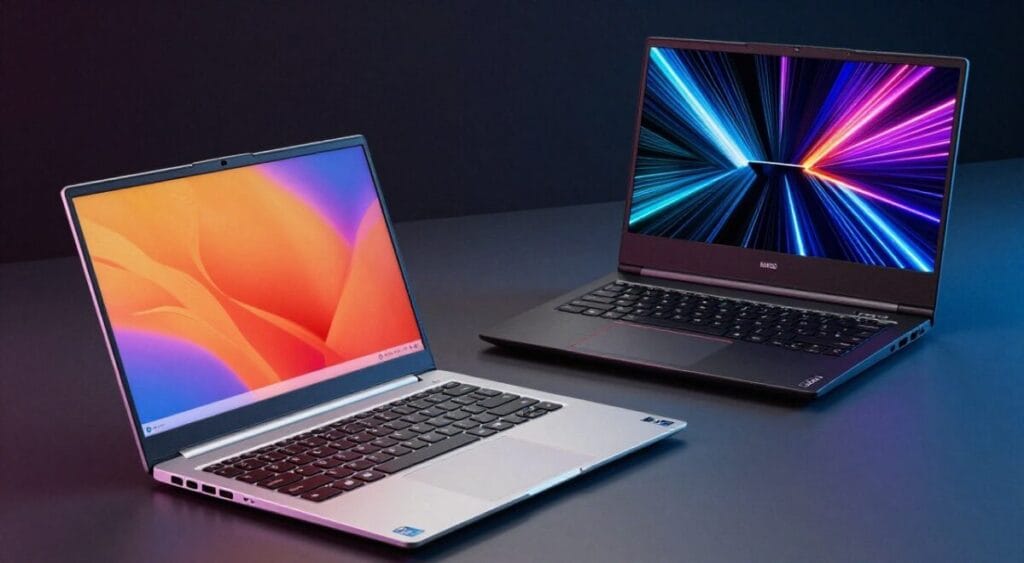 A vivid comparison image showcasing the three Lenovo laptop lines: IdeaPad, ThinkPad, and Legion. In the foreground, place an IdeaPad with a sleek design and vibrant color options, highlighted by soft ambient lighting. The middle ground features a ThinkPad, known for its robust build, with ergonomic keys and a classic black finish. Behind them, position a high-performance Legion laptop, characterized by its bold design and RGB lighting effects, bathed in dynamic, cooler light. Capture the scene from a slight angle to emphasize the distinct features of each model, creating an engaging and informative visual. The mood should balance professionalism and modernity, inviting the viewer to explore the unique strengths of Lenovo’s offerings. A vivid comparison image showcasing the three Lenovo laptop lines: IdeaPad, ThinkPad, and Legion. In the foreground, place an IdeaPad with a sleek design and vibrant color options, highlighted by soft ambient lighting. The middle ground features a ThinkPad, known for its robust build, with ergonomic keys and a classic black finish. Behind them, position a high-performance Legion laptop, characterized by its bold design and RGB lighting effects, bathed in dynamic, cooler light. Capture the scene from a slight angle to emphasize the distinct features of each model, creating an engaging and informative visual. The mood should balance professionalism and modernity, inviting the viewer to explore the unique strengths of Lenovo’s offerings.