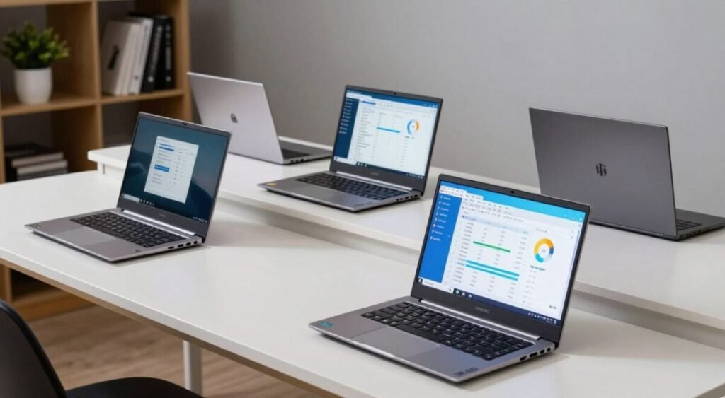 A well-organized workspace featuring a minimalist desk with multiple Lenovo notebooks, showcasing various models side by side in a comparative layout. In the foreground, display an open laptop with a vibrant screen displaying a cost-benefit analysis chart. The middle layer includes additional Lenovo models arranged neatly, each with visible specs highlighted, showcasing different configurations and prices. A soft, diffused lighting casts a calm ambiance, reflecting an analytical and thoughtful atmosphere. In the background, a subtle bookshelf filled with tech-related books and a potted plant adds a touch of professionalism. The image should evoke a sense of clarity and focus, suitable for a tech analysis article.