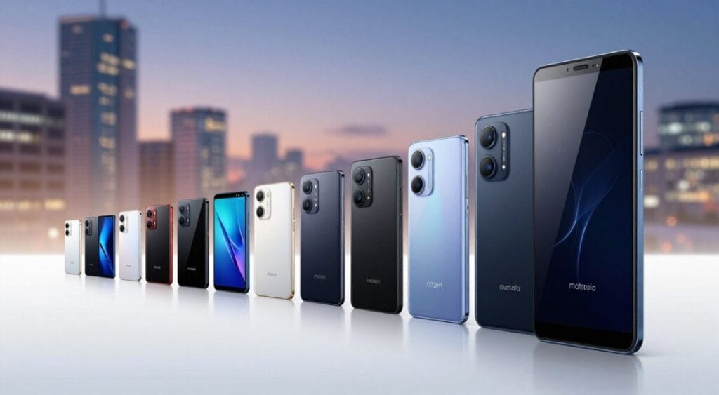 An artistic representation of the historical evolution of Motorola Edge smartphones, showing various models from the original to the latest release. In the foreground, prominently display the latest Motorola Edge smartphone model, sleek and modern, with a reflective screen. In the middle, feature a timeline of previous models in chronological order, showcasing distinctive designs and colors, arranged neatly on a subtle gradient background. In the background, a blurred urban landscape suggests technological advancement, illuminated by soft, ambient lighting. The mood is forward-looking and innovative. Utilize a wide-angle lens to capture depth, ensuring all smartphones are well-lit and visually engaging, without any text or logos intruding on the visual storytelling.