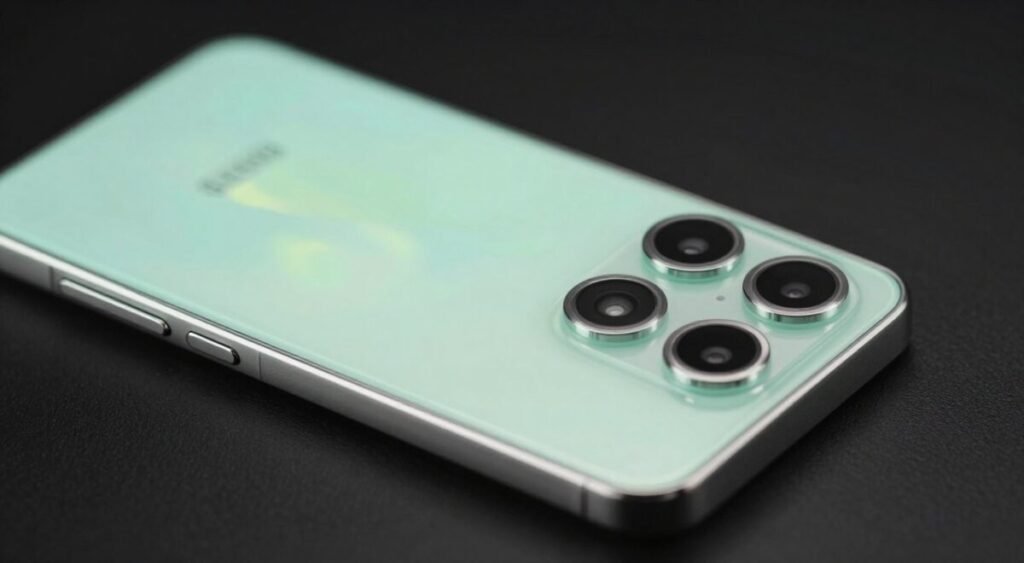 Close-up of the Samsung Galaxy M55 in Light Green color, showing its slim profile and triple camera system, focused on the premium finish, cinematic lighting.