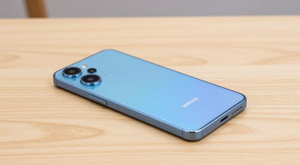 Foto em alta resolução de um smartphone Samsung Galaxy M14 azul sobre uma mesa de madeira clara, mostrando o design moderno das câmeras traseiras e a tela frontal brilhante, iluminação natural de estúdio.