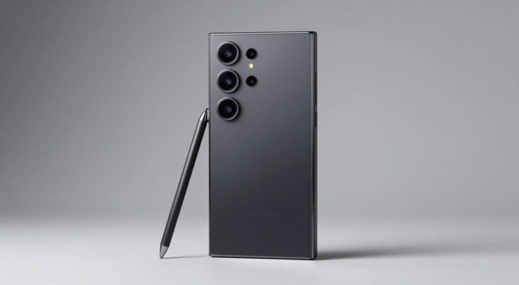 Foto profissional de um smartphone Samsung Galaxy S25 Ultra na cor titânio preto, posicionado de forma elegante em um fundo minimalista, destacando o sistema de quatro lentes da câmera e a caneta S Pen. Foto profissional de um smartphone Samsung Galaxy S25 Ultra na cor titânio preto, posicionado de forma elegante em um fundo minimalista, destacando o sistema de quatro lentes da câmera e a caneta S Pen.