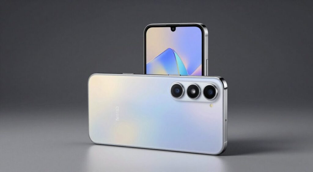 Fotografia de produto em estúdio do Samsung Galaxy A14 na cor prata, destacando seu conjunto de três câmeras traseiras e acabamento moderno, iluminação suave, alta resolução.
