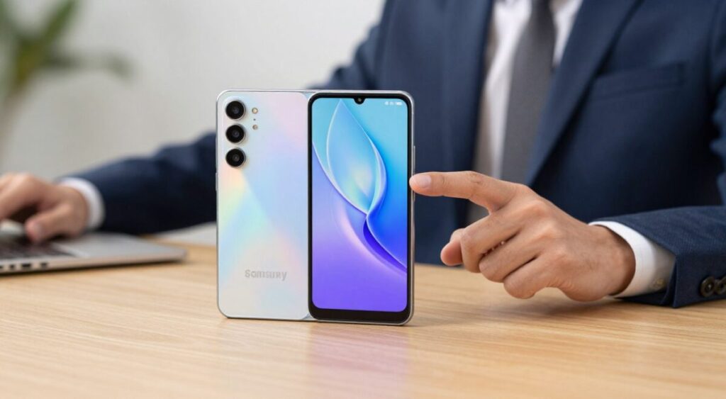 Fotografia estilo lifestyle de um smartphone Samsung Galaxy A05s prateado sobre uma mesa de madeira clara, mostrando sua tela infinita com cores vibrantes e o conjunto triplo de câmeras na parte traseira.