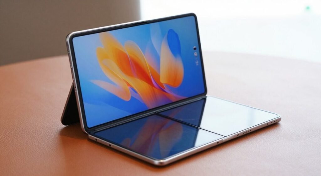 Fotografia profissional de um HUAWEI MateBook Fold aberto em 180 graus sobre uma superfície de couro, destacando a tela OLED vibrante e o acabamento premium, luz natural de estúdio, 8k.