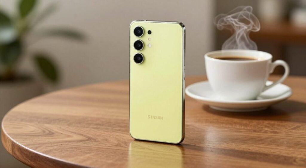 High-quality lifestyle shot of a Samsung Galaxy A54 in Awesome Lime color, placed on a wooden table next to a cup of coffee, showing the premium glass-like finish, soft natural lighting, bokeh background.