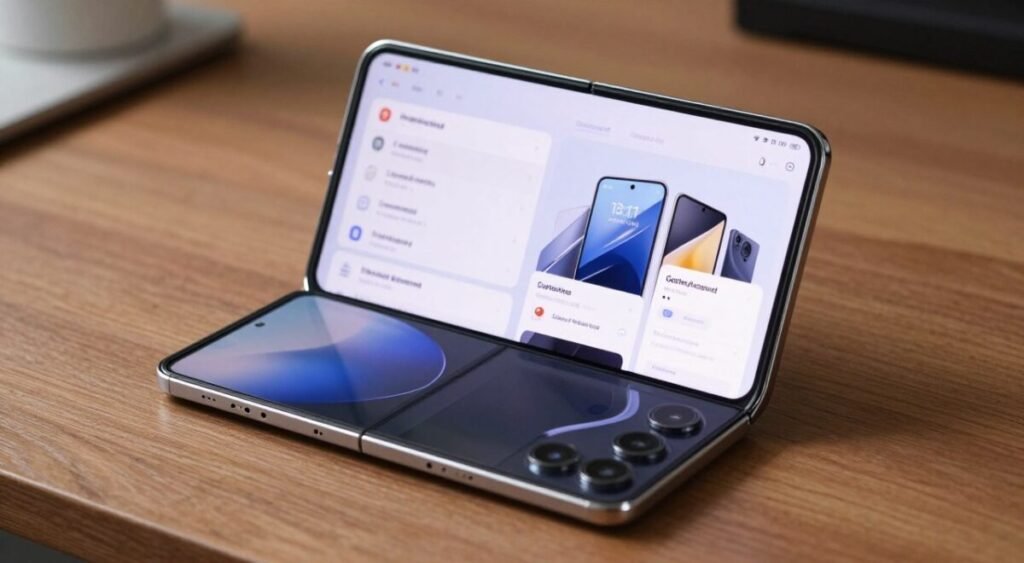 High-resolution realistic product shot of the Samsung Galaxy Z Fold6 unfolded on a wooden desk, showing a professional dashboard on the large screen, cinematic lighting, 8k resolution.