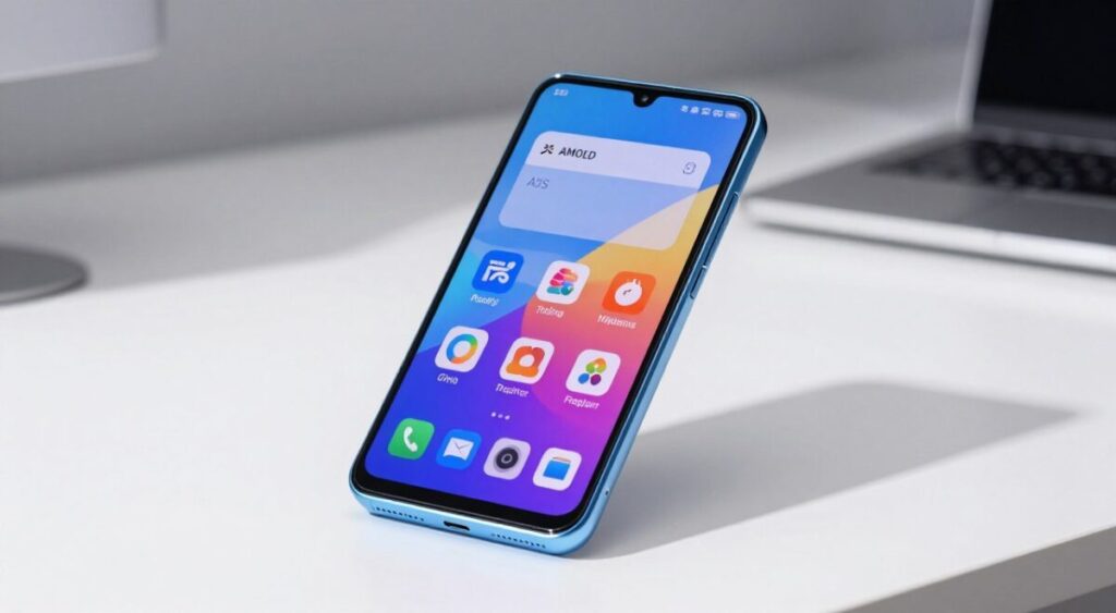 Modern Samsung Galaxy A16 128GB smartphone in a sleek light blue color, displaying a vibrant AMOLED screen with social media and productivity app icons, placed on a minimalist white desk, high resolution, professional lighting.