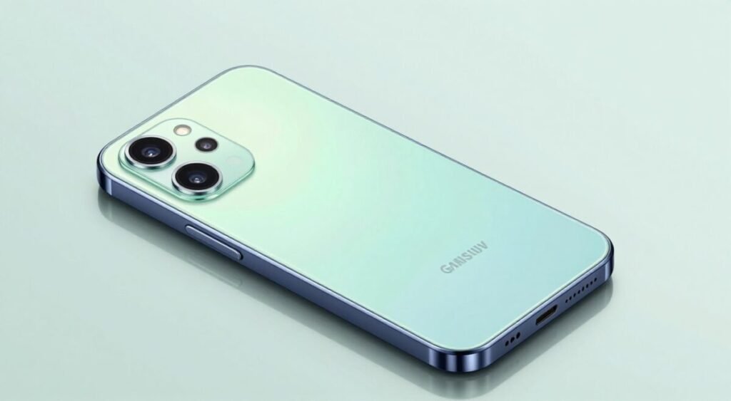 Samsung Galaxy A06, cores verde claro e azul escuro, design de entrada, visual limpo e funcional.