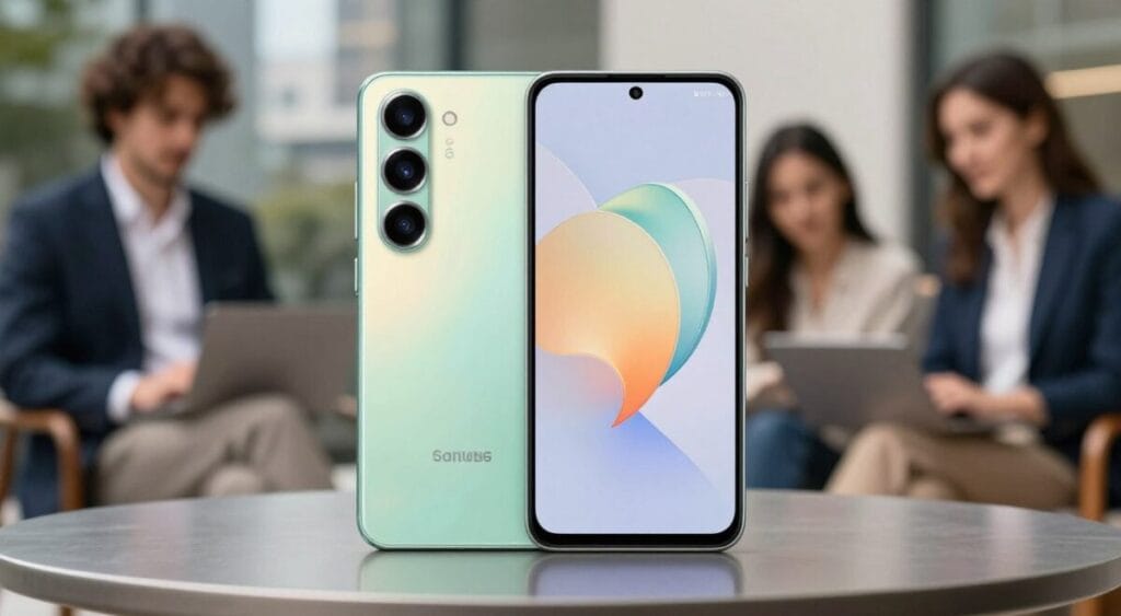 Samsung Galaxy A16 5G cor verde claro, smartphone básico com acabamento limpo, tela grande, iluminação suave, estilo lifestyle urbano.