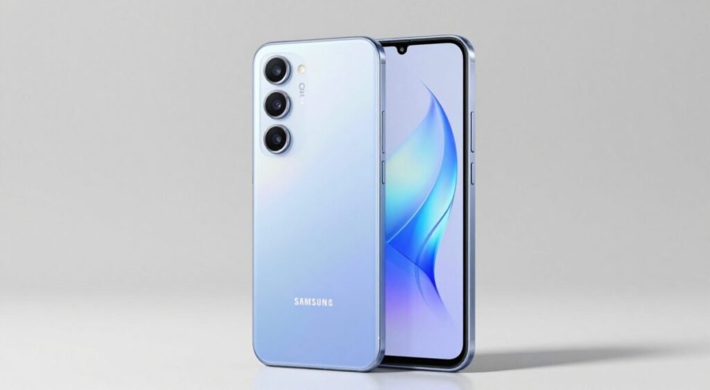 Samsung Galaxy A26, smartphone posicionado de costas mostrando as câmeras, fundo neutro, estilo tecnológico.