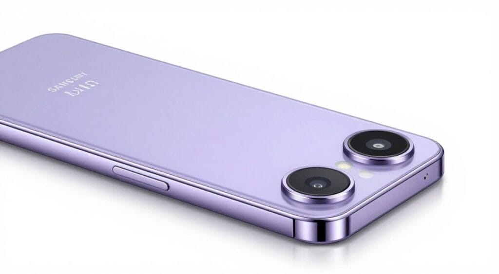 Samsung Galaxy A36 na cor violeta, corpo fino e moderno, foco na lente da câmera, fundo minimalista branco, fotografia de produto em alta resolução.