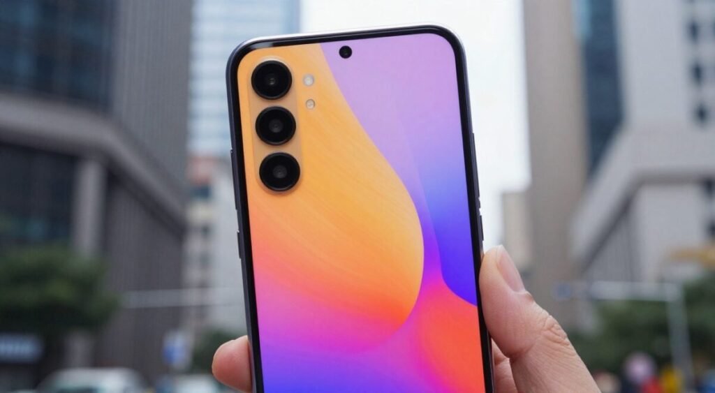 Samsung Galaxy A36, tela vibrante, cores intensas, fotografia de estilo de vida urbano, focado na tela e design.