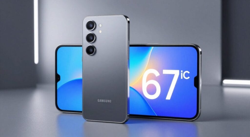 Samsung Galaxy A56 em cor cinza, design elegante com três câmeras verticais, tela AMOLED brilhante de 6,7 polegadas, iluminação de estúdio, fundo tecnológico e moderno.