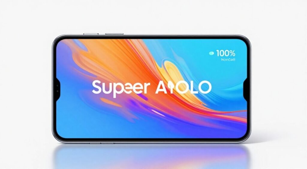 Samsung Galaxy M15 showing the vibrant Super AMOLED display with a colorful wallpaper, emphasized battery percentage at 100%, clean minimalist background.