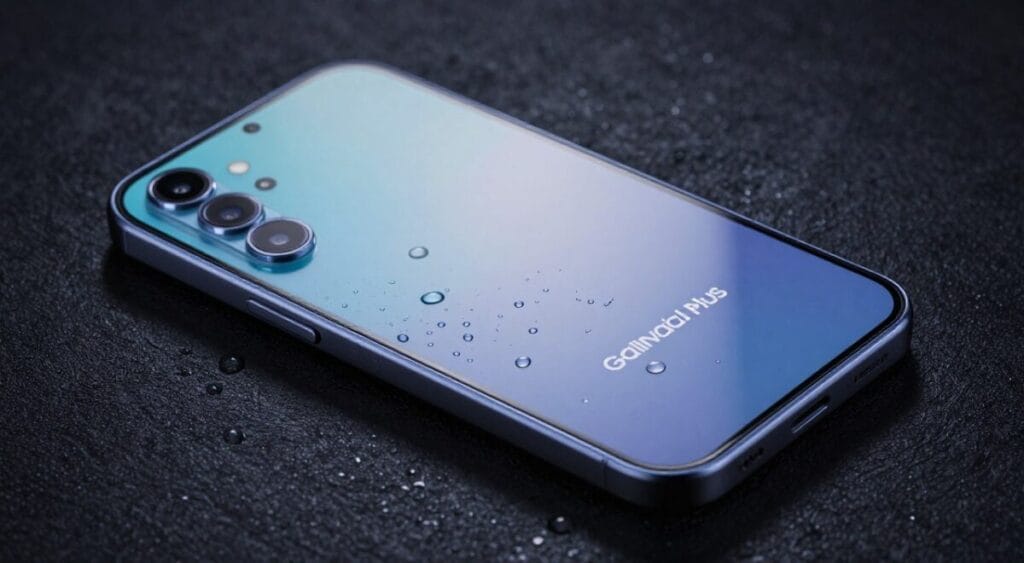 Samsung Galaxy M35 mostrando resistência, gotas de água na tela, proteção Gorilla Glass Victus Plus em destaque, iluminação cinematográfica dramática.