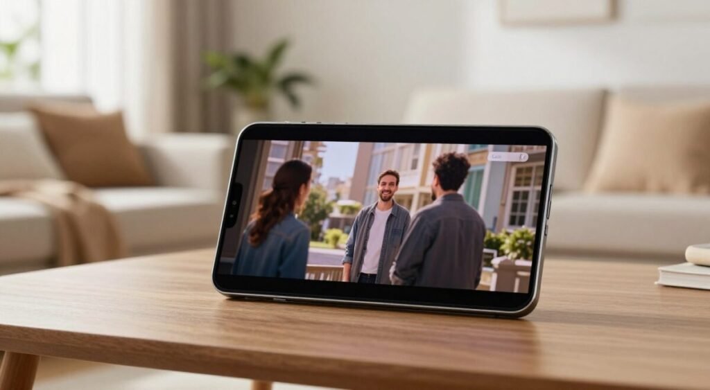 Samsung Galaxy M35 smartphone being used to watch a movie, highlighting the immersive screen and thin bezels, lifestyle setting, soft natural light.