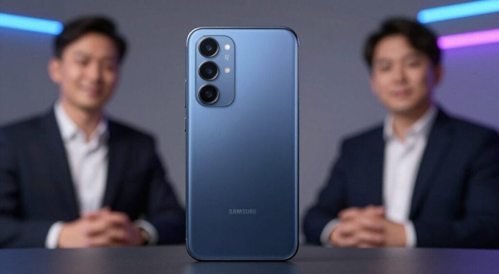 Samsung Galaxy M55 azul escuro, destaque para a câmera frontal de 50MP, luzes neon sutis ao fundo, visual focado em criadores de conteúdo.