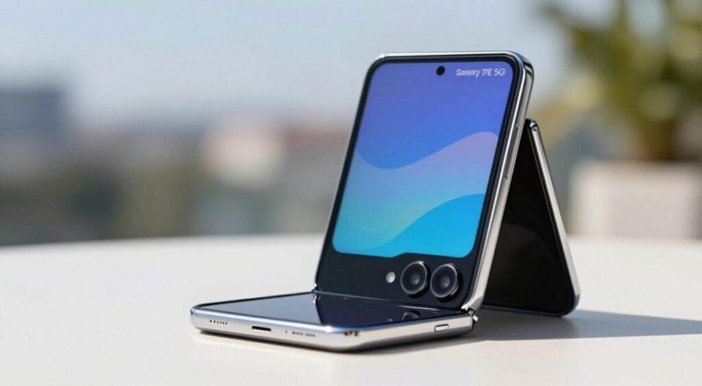 Samsung Galaxy Z Flip7 FE 5G aberto, destacando o brilho intenso da tela em ambiente ensolarado, design clean, cores sólidas, visual focado em custo-benefício. Samsung Galaxy Z Flip7 FE 5G aberto, destacando o brilho intenso da tela em ambiente ensolarado, design clean, cores sólidas, visual focado em custo-benefício.