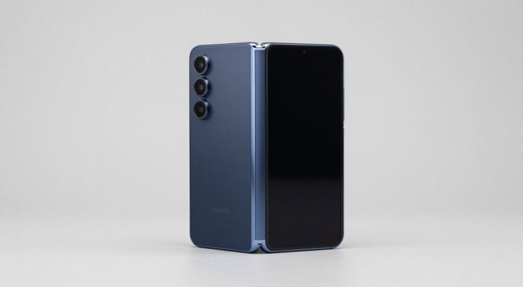 Samsung Galaxy Z Fold6 5G em cor azul marinho, posicionado de lado para mostrar a espessura fina, luz de estúdio destacando as bordas metálicas, fundo neutro elegante. Samsung Galaxy Z Fold6 5G em cor azul marinho, posicionado de lado para mostrar a espessura fina, luz de estúdio destacando as bordas metálicas, fundo neutro elegante.