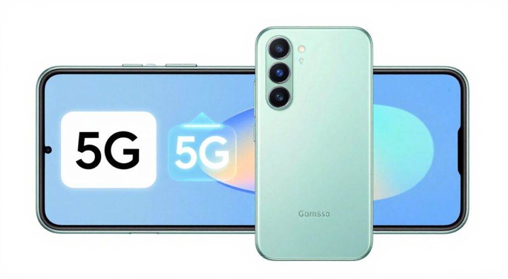 Smartphone Samsung Galaxy A26 5G in modern light green color, focused on the large screen and sleek back design, high-quality product photography, 5G icon glowing, 256GB storage text overlay, clean white background.