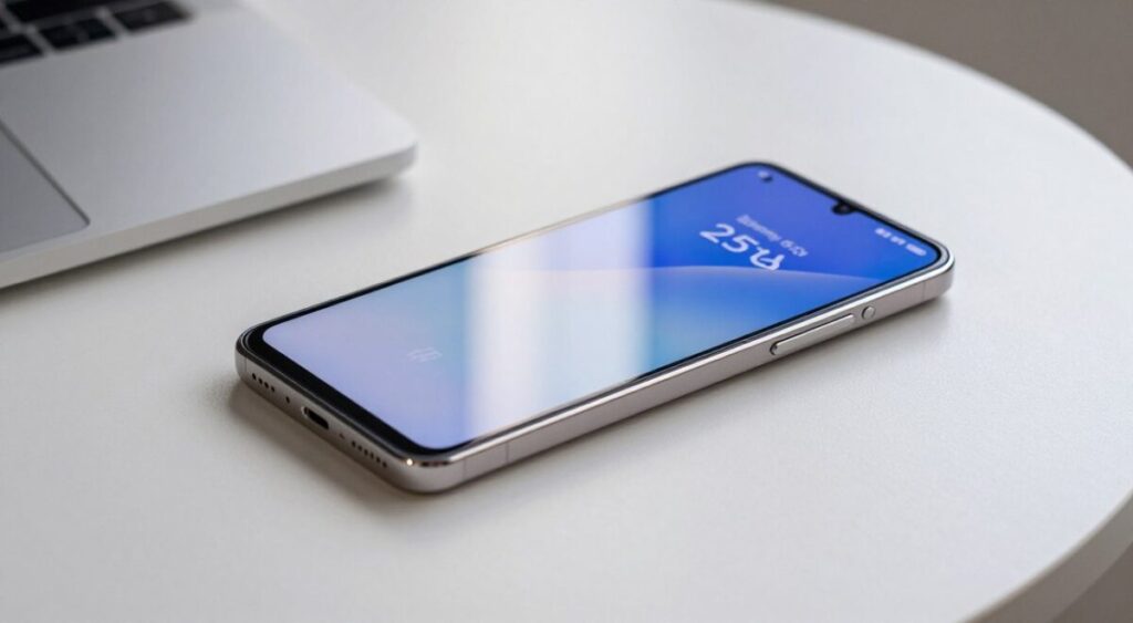 Smartphone Samsung Galaxy A34 5G em uma mesa minimalista, destacando sua tela infinita de 6.5 polegadas e acabamento premium com reflexos suaves de luz.