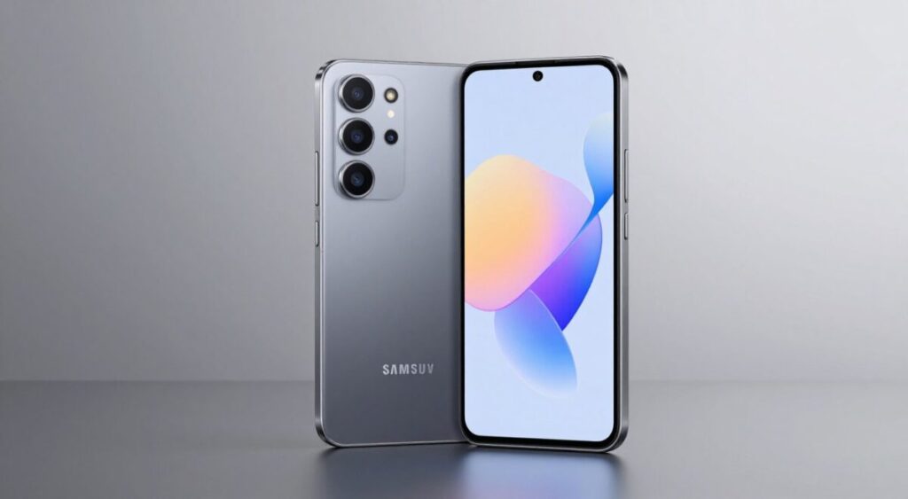 Smartphone Samsung Galaxy A56 5G na cor cinza, design moderno e elegante, câmera tripla na parte traseira, tela brilhante, fundo minimalista de estúdio, iluminação suave, alta resolução 8k.