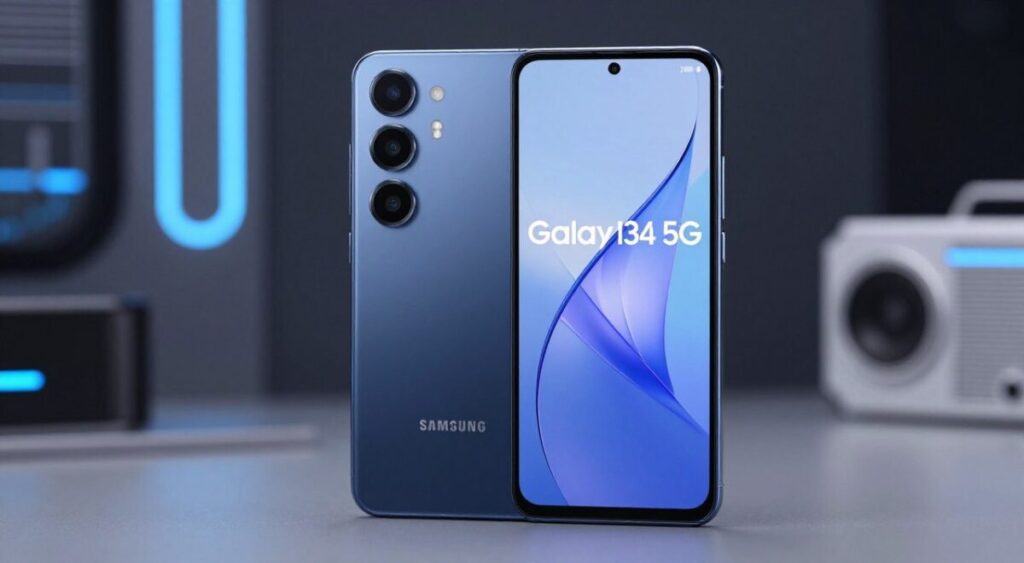 Smartphone Samsung Galaxy M34 5G na cor azul escuro, destacando sua tela infinita e o design traseiro minimalista com três câmeras verticais, iluminação de estúdio, fundo tecnológico desfocado, alta resolução 4k.